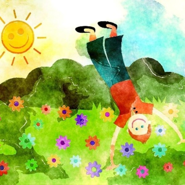 Kind auf der Wiese / © martaposemuckel/pixabay.com/Pixabay License gezeichnetes buntes Bild, Kind macht in der Wiese Handstand.