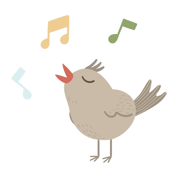 Vector illustration of a chirping bird with notes isolated on white background. Spring traditional symbol and design element. / Lexi Claus Vector illustration of a chirping bird with notes isolated on white background. Spring traditional symbol and design element.